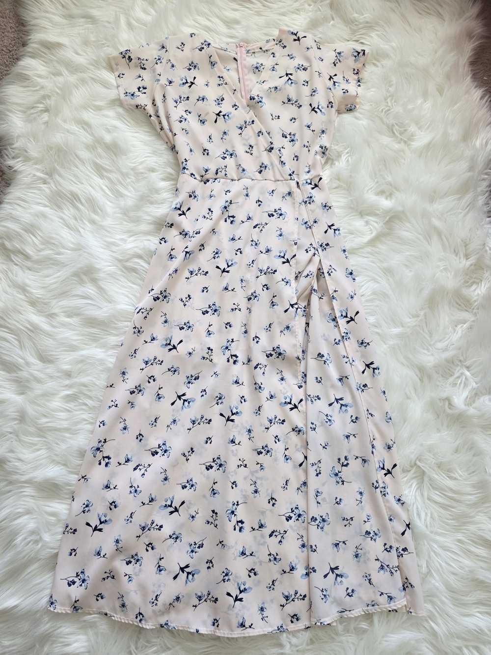 Floral Wrap Midi Dress - Pink with Blue Print